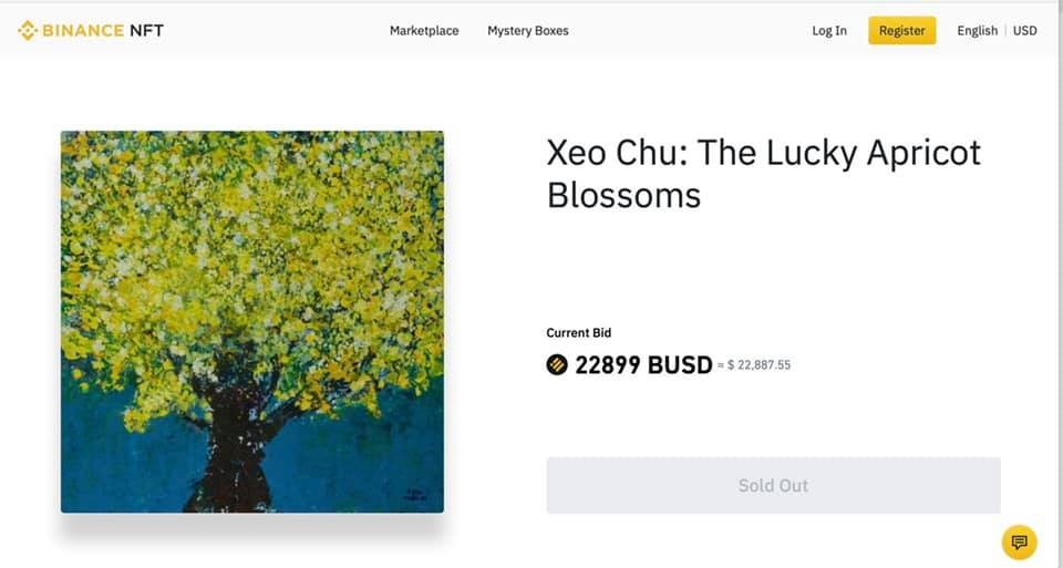 Bức tranh NFT tên Hoa mai may mắn của Xèo Chu được đấu giá thành công trên sàn giao dịch Binance NFT với giá quy đổi gần 23 nghìn USD